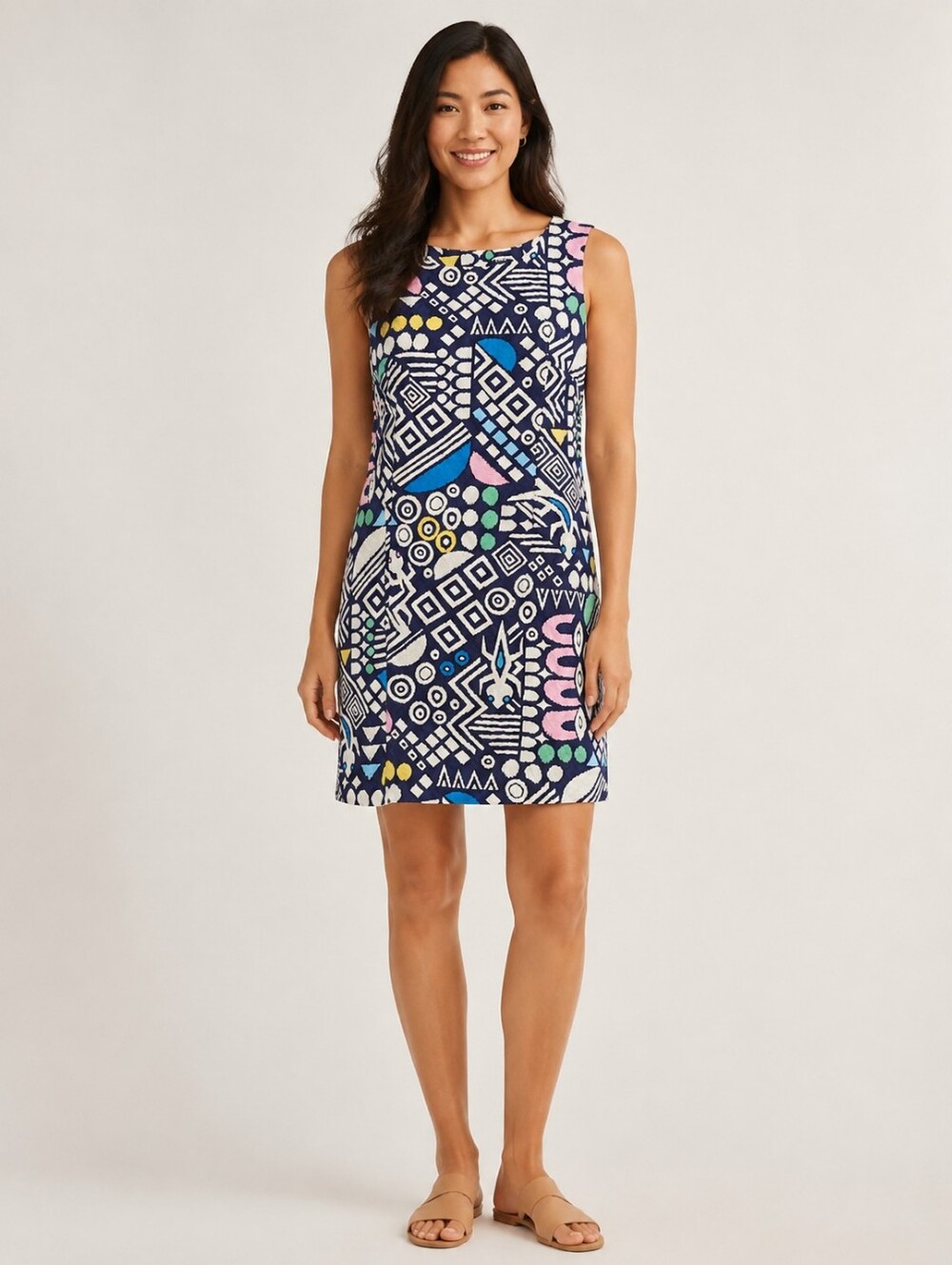 Tori Richard Art Gecko Abstract Geometric Print Cutout Back Shift Dress Size 4